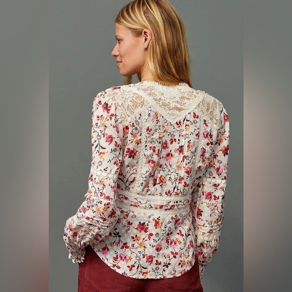 Anthropologie Puff-Sleeved Floral Lace Button Down Top, Size 14 - Picture 3 of 12